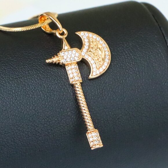 "Rose Gold Axe Pendant with Sparkling Stones – Elegant Design XPPT1381 - Picture 1 of 13